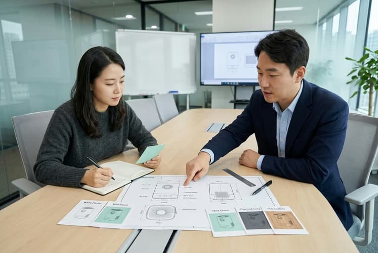 컨설턴트와 예비창업자가 도면·디자인 시안을 같이 검토하는 회의 사례 이미지