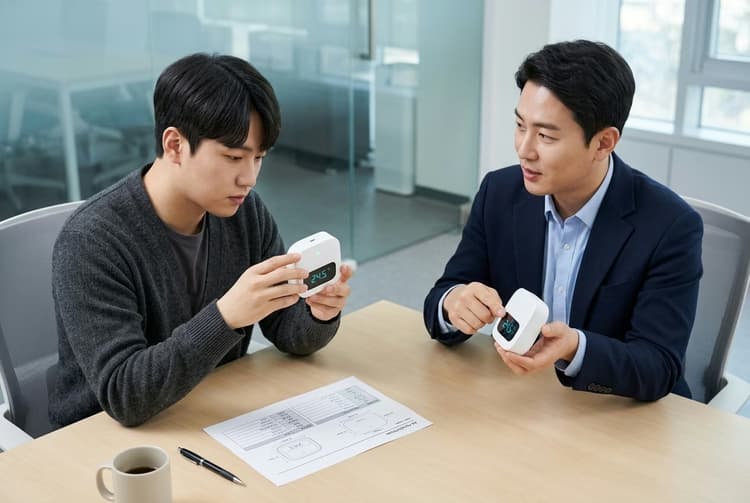 완성된 시제품을 컨설턴트와 예비창업자가 같이 검수하는 회의 사례 이미지