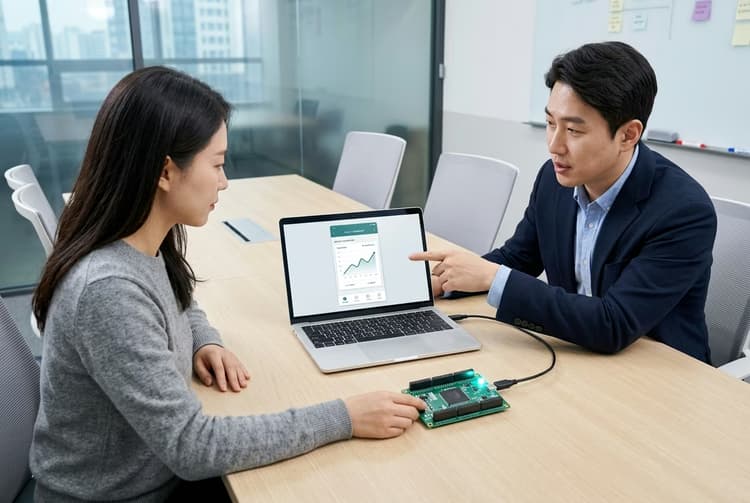 노트북 UI/UX 화면과 펌웨어 개발 보드를 같이 점검하는 회의 사례 이미지