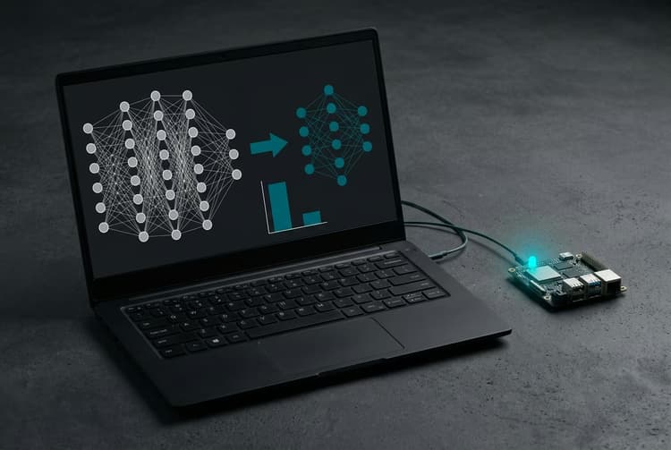 AI 모델 학습·경량화 다이어그램이 표시된 노트북과 엣지 보드 사례 이미지