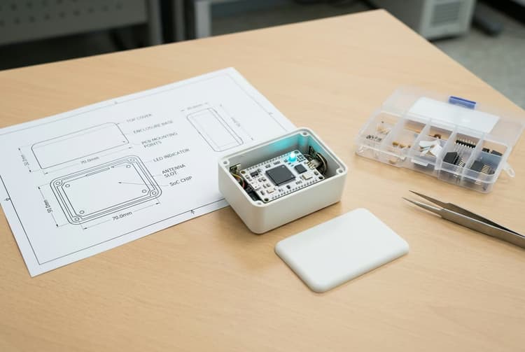 R&D 작업대에서 산업용 센서 모듈 시제품을 조립 중인 사례 이미지